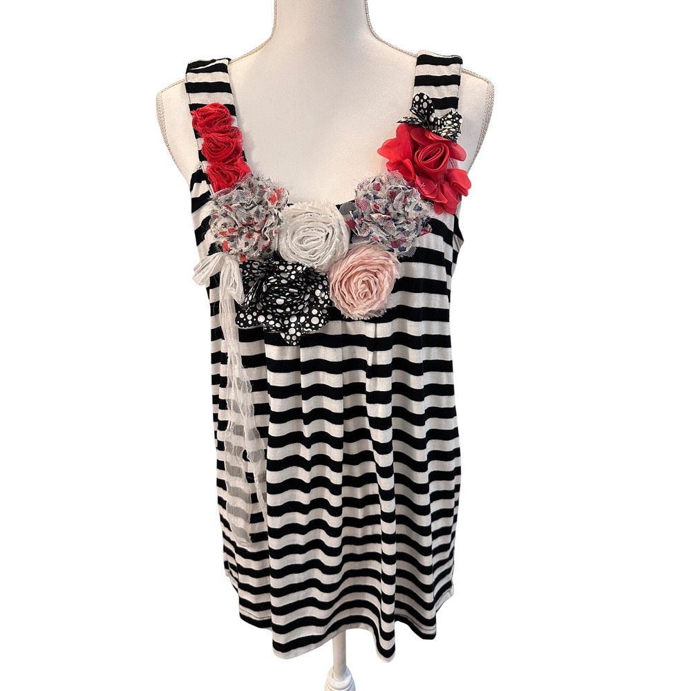 Feratelli Womens XL Striped Tank Top 3D Floral Applique Black White Red